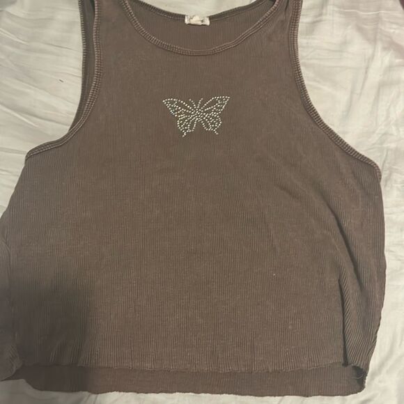 Garage Tops - Garage Brown Bling Butterfly Tank Top